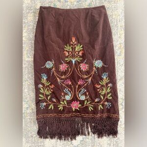 Long Brown Floral Embroidered Cotton Skirt Size 10